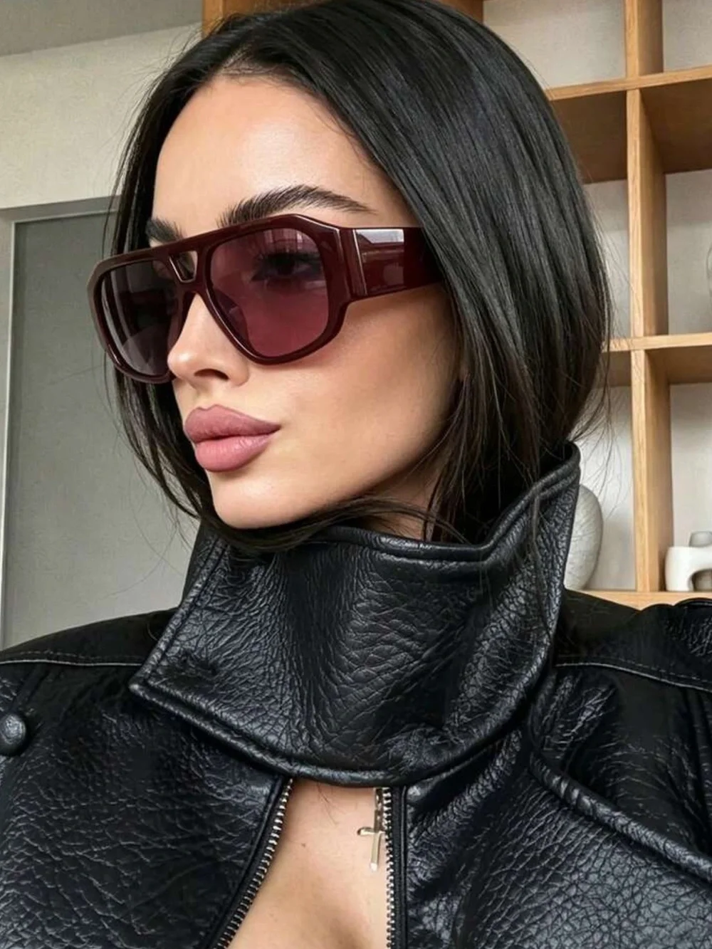 1pc Retro Double-Bridge Fashion Glasses, Casual Versatile Burgundy Glasses